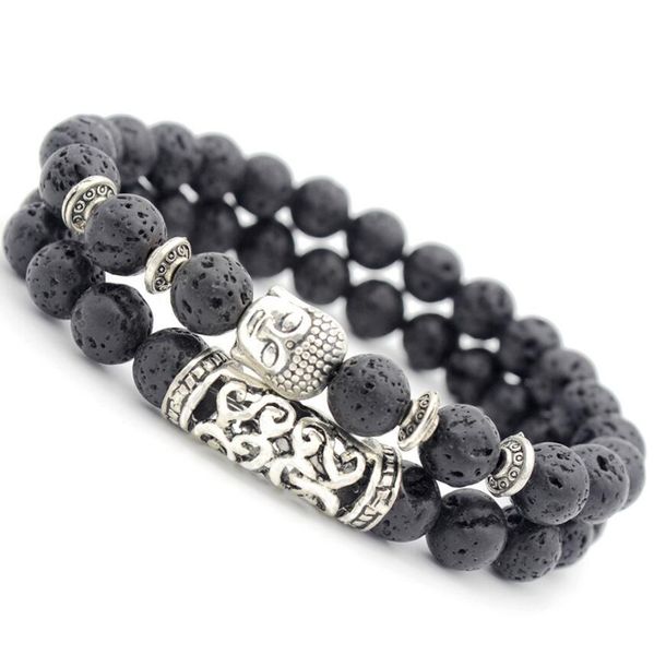 

jewelry beaded bracelets natural lava stone buddha's head lucky bracelets energy muiltlayer bracelets for unisex, Black