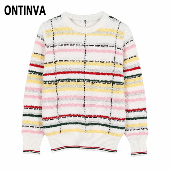 

women rainbow striped color sweater knitted pullover 2018 fall jumper cute girls round collar long sleeve tricot knitted, White;black