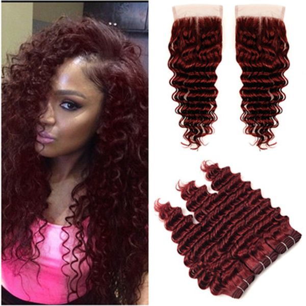 Deep Wave Peruvian Wine Red Human Hair Weaves Extensions With