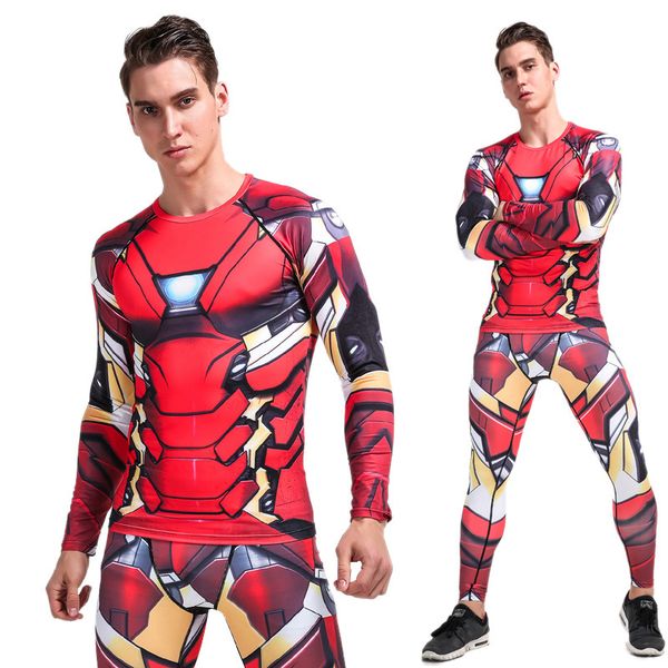 

yanqin bodybuilding suit summer iron man 3d printing trainning exercise set gym compression quick dry fitness sports clothes, White;black