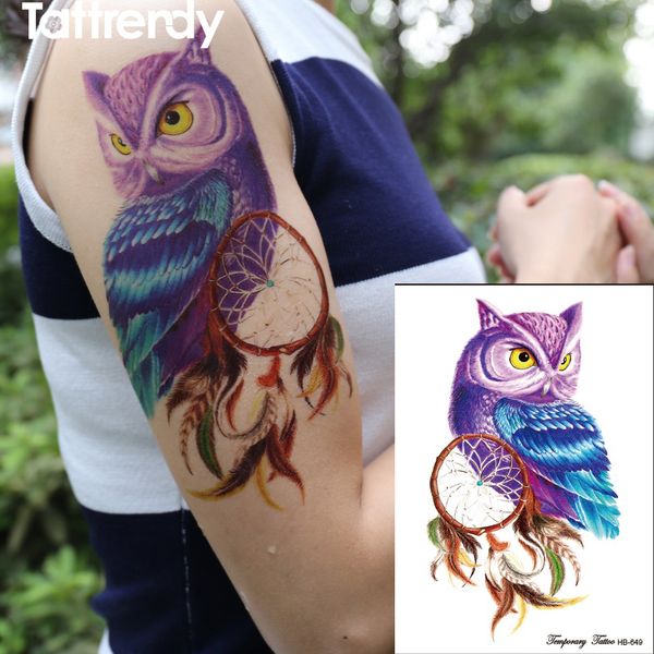 Acheter 1 Pièce Temporaire Tatouage Couleur Hibou Capteur De Rêves Tatouages Autocollants Grandes Femmes Imperméable Sur Corps Bras Animal