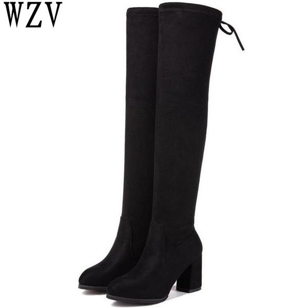

2019 women over the knee high boots slip on winter shoes thick high heel boots pointed toe all match women size 35-43 e355, Black