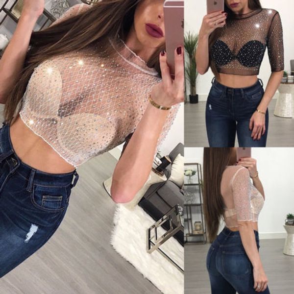 

2017 summer women mesh sheer transparent short sleeve o-neck crop party club, White
