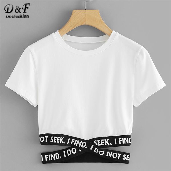 Dashion Kontrast Slogan Criss Cross Taille T-shirt 2018 Sommer Rundhals Kurzarm Top Frauen Weiß Asymmetrische T Shirt