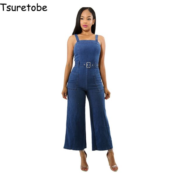 

tsuretobe summer blue spaghetti strap sashes denim jumpsuit women off shoulder bodycon jumpsuit sleeveless backless overalls, Black;white