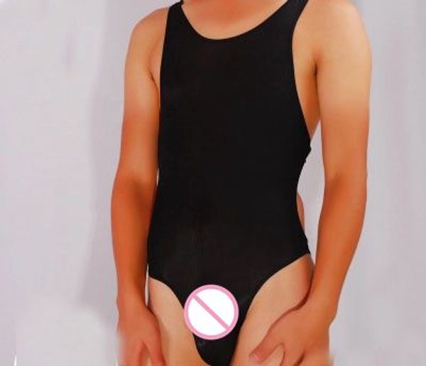 

siamese underwear ultra-smooth ice silk underwear metal ring tight body piece clothing bodysuit men mens bodysuit, Black;brown