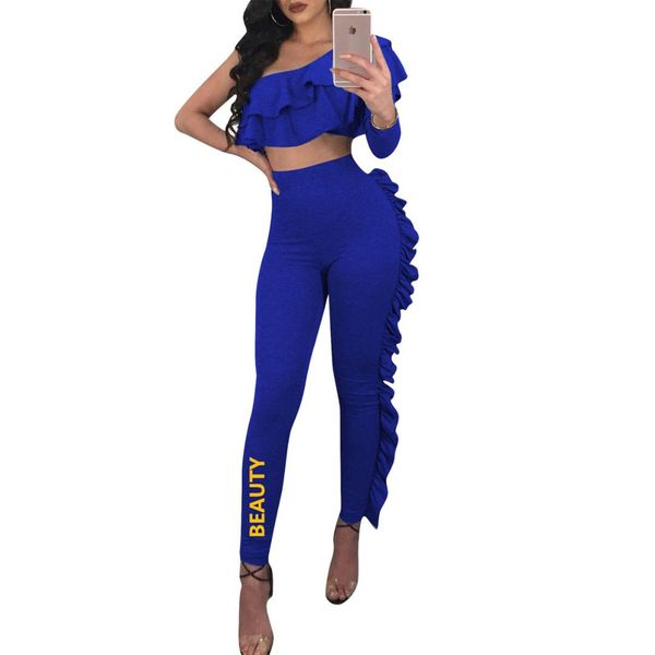 

3 color women one shoulder butterfly skew collar crop + ruffles side skinny letter print leggings 2pcs women's set tracksuit, Gray