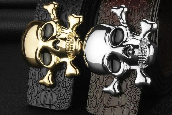 

high-grade luxury alloy skull buckle for men 2018, high-end male pu leather belt for fashion designers, genuine and delivery, Black;brown