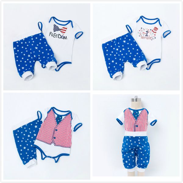 

new baby boys girls clothes sets independence day short sleeve rompers and harem pants 2 pcs sets summer blue stars kids clothing 0-2t, White