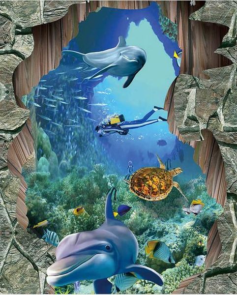 

hd 3d трехмерный морской мир дельфин напольная плитка окрашены 3d настил декор картины водонепроницаемый обои