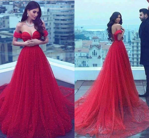 

red pearl tulle evening dresses sweetheart off the shoulder saudi arabic bandage lace up back evening gowns prom dresses, Black;red