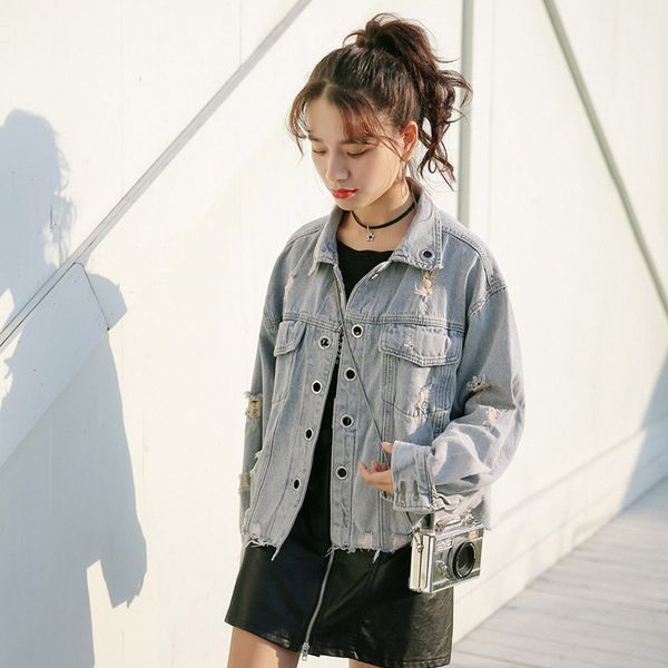 

2018 springwomen jeans jacket casual streetwear beggar hole coats irregular outwear vintage blue jackets vintage denim jacket, Black;brown