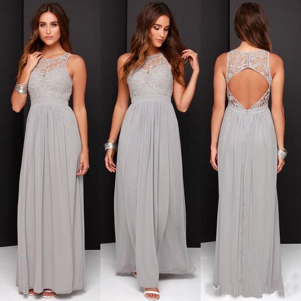 

2017 Country Grey Bridesmaid Dresses for Wedding Long Chiffon A-Line Backless Formal Dresses Party Lace Modest Maid Of Honor Dress