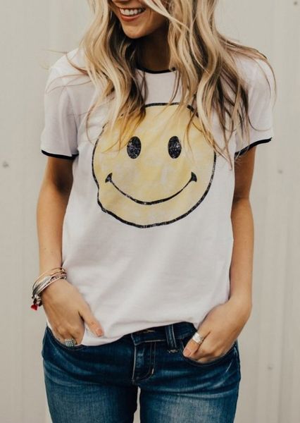 

2018 t-shirt women smile print splicing short sleeve t-shirt summer female o-neck t shirt casual white ladies tee