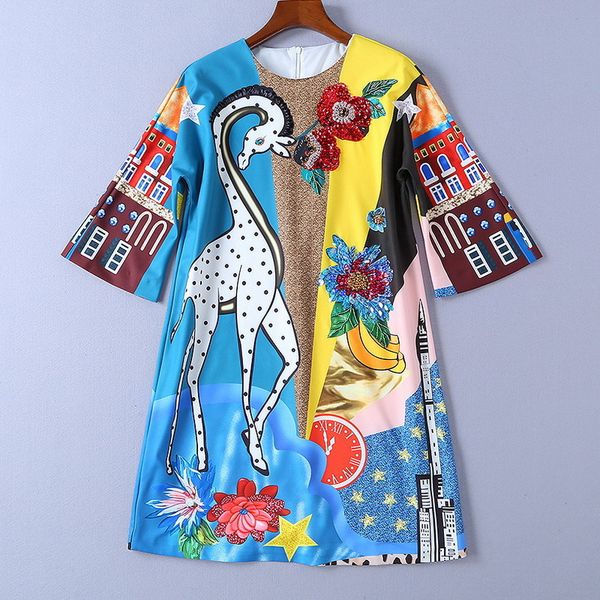 

european and american women's 2018 winter clothing new 7 minutes of sleeve giraffe print nail bead sequins dress, Black;gray