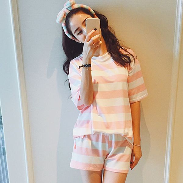 

2018 summer new women stripe pajamas set short sleeve nightgown lovely sleepwear suit girl pajamas mujer, Blue;gray