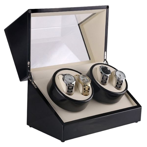 

genboli watch winders us plug 4 slots wood clock casket watch winder box lacquer rotate slient motor display clock box, Black