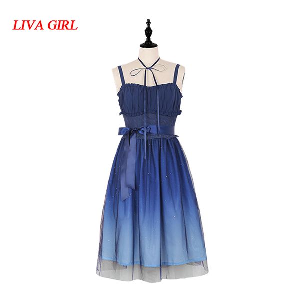 Anime Süßes marineblaues Sternenhimmel-Farbverlaufsfee JSK Straps-Lolita-Kleid