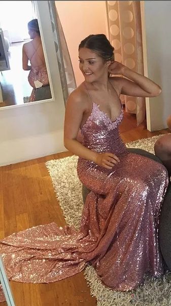 

pink open back sequins mermaid evening dresses elegant spaghetti straps court train women pageant prom dresses plus size, White;pink