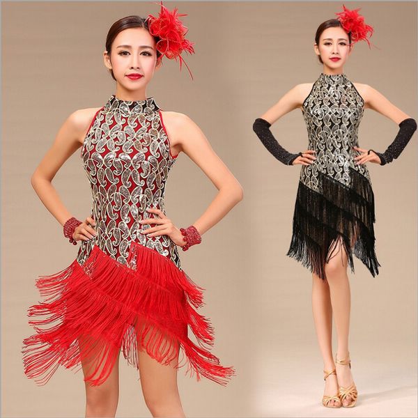 

white blue purple red black competition ballroom tango salsa performance dresses clothes women fringe latin salsa dresses, Black;red