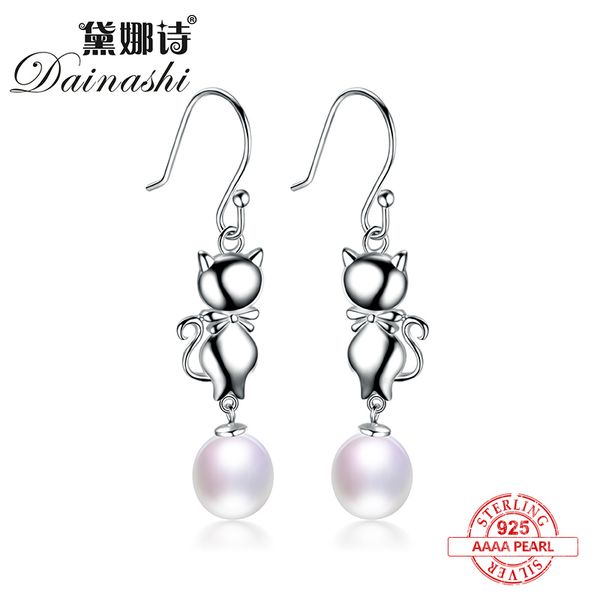 

dainashi cute sweet little kitten 100% original natural real pearl 925 sterling silver long drop earrings fine jewelry, Golden;silver