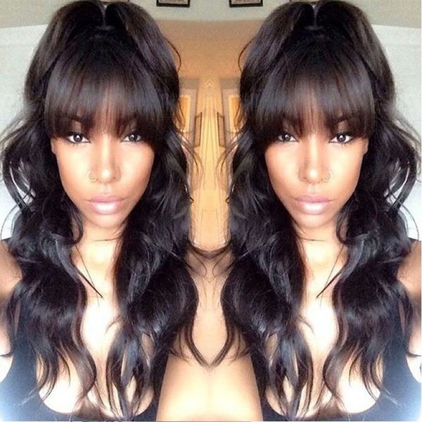 

7a full lace human hair wig with bang malay ian virgin hair full fringe wig human hair gluele lace wig for black women