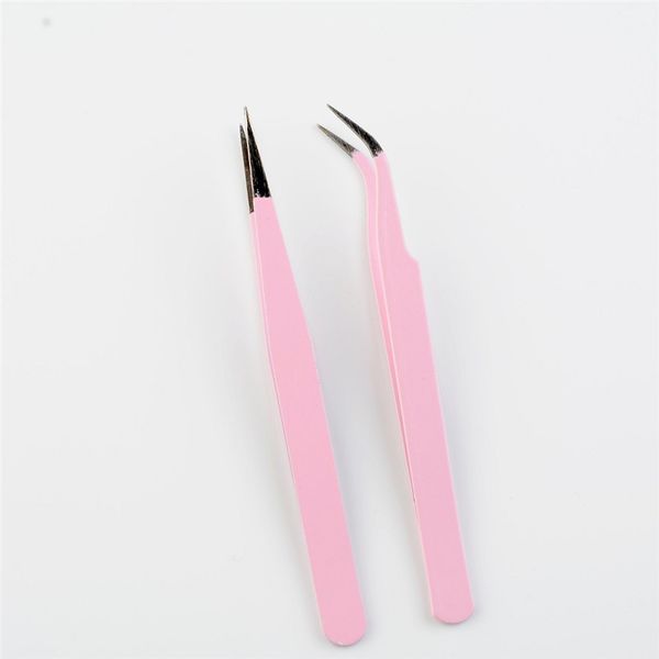 

2pcs steel pink straight + bend tweezer for eyelash extensions nail art nippers