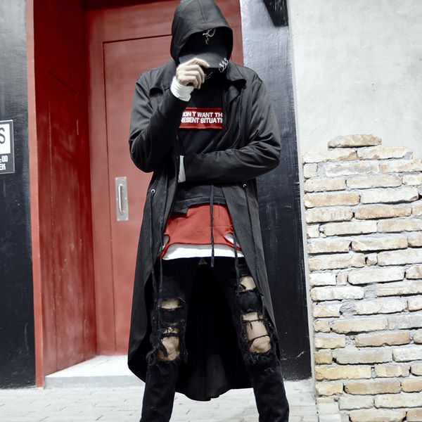 

men black thin punk hip hop long trench coat gothic hooded jacket cloak man nightclub singer stage cape street style cardigan, Tan;black