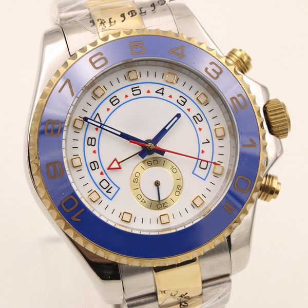 

44mm two tone automatic mechanical sapphire calibre 416 mens watches bidirectional rotating blue ring bezel white dial watch, Slivery;brown