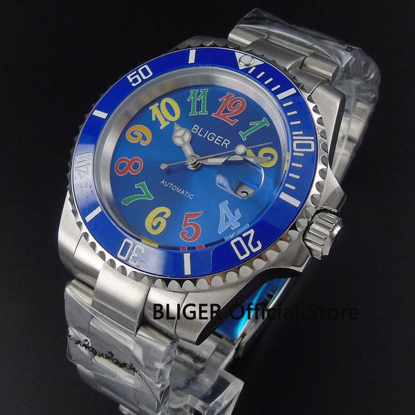 

sapphire glass bliger 40mm blue dial blue ceramic bezel luminous pointer date magnifier miyota automatic movement men's watch, Slivery;brown