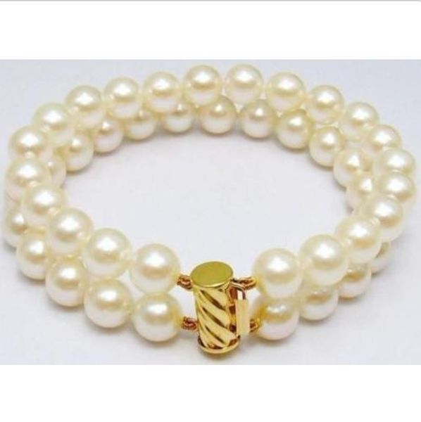 

charming 2 row 9-10mm white pearl bracelet 14k yellow gold marked 7.5-8, Black
