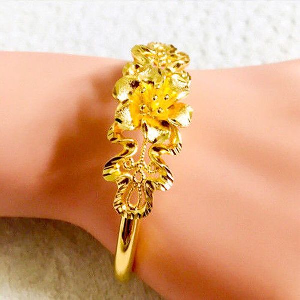 

old fashioned hollow golden fllower bangle women 24k yellow gold filled bracelet elegant wedding chinese jewelry party gift, Black