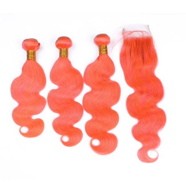 Body Wave Orange Hair Weft With Closure 3bundles With 4x4 Closure