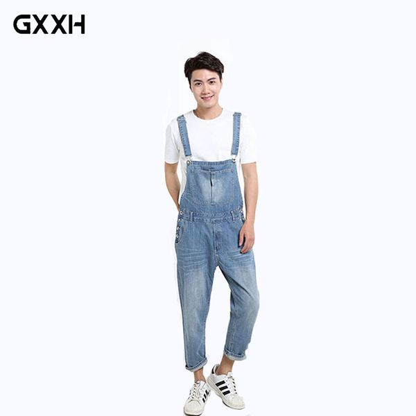 

2018 new cowboy bib male korean version of the suspenders pants large size loose casual denim pants men's casual overalls 5xl, Blue