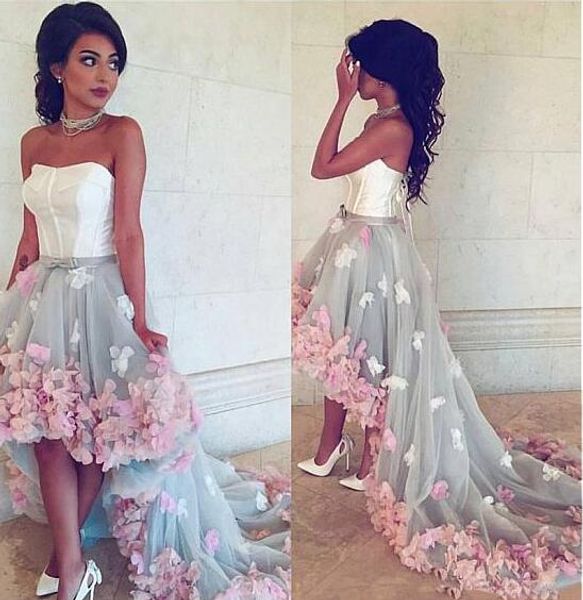 

vintage hi lo prom платья без бретелек 3d цветы тюль корсет бюстье платье backless серый вечерние платья коктейльные платья, Black