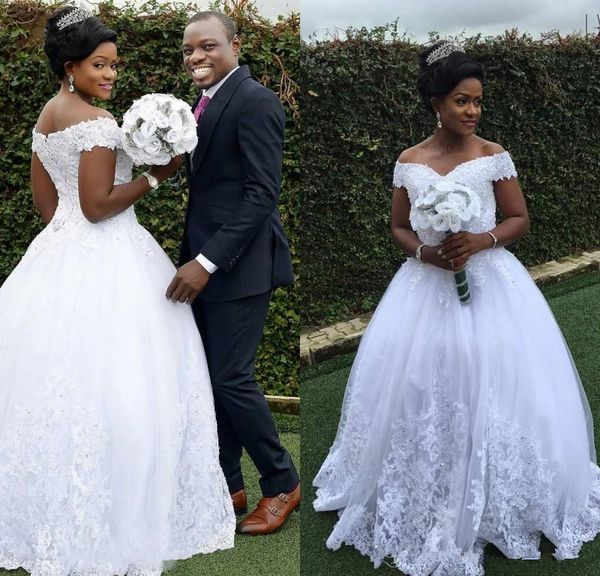 

ball gown white wedding dresses crystals beaded handmade appliques lace off shoulder floor length 2019 bridal gowns custom size