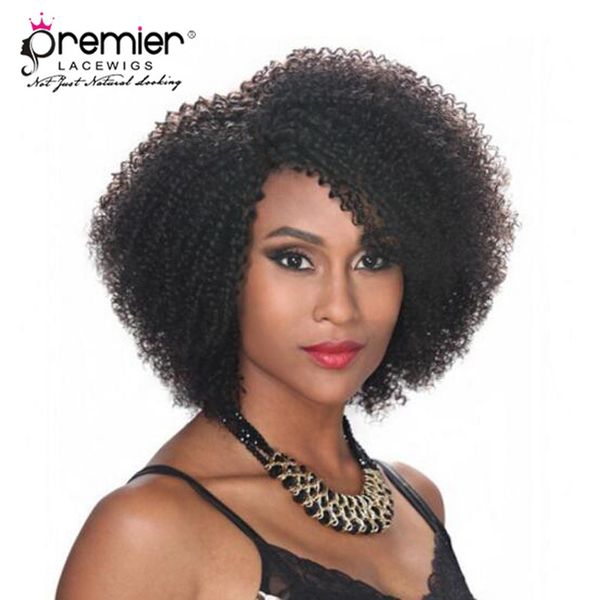 

premier lace wigs affordable machine made wigs 100% brazilian virgin human hair short cut kinky curly for american, Black;brown