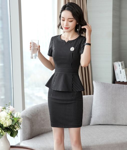 

summer fashion women business suits with skirt and sets black striped jacket ladies work wear clothes ol style, White;black