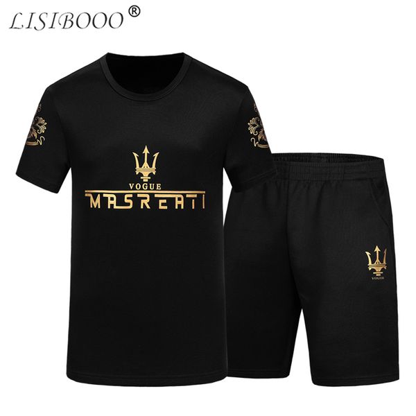 

lisibooo fashion summer men's sets two piece tracksuit t-shirt shorts 2018 new casual sportsuits letter print for men sportwear, Gray