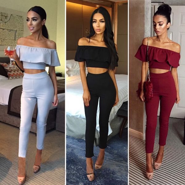 

Summer Women Curve Clothing Sexy Slash Ruffle Neck Short Crop With Tight Pants Women Party Club Tracksuit