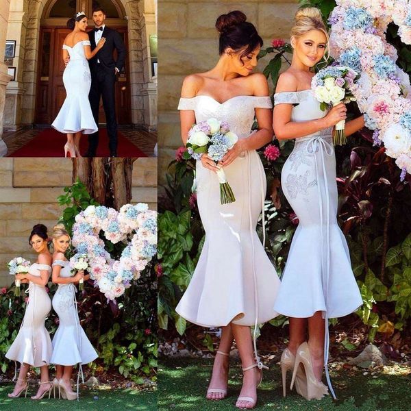 

African arabic 2018 off the houlder mermaid bride maid dre e vintage lace bodice backle tea length bride maid prom dre gown