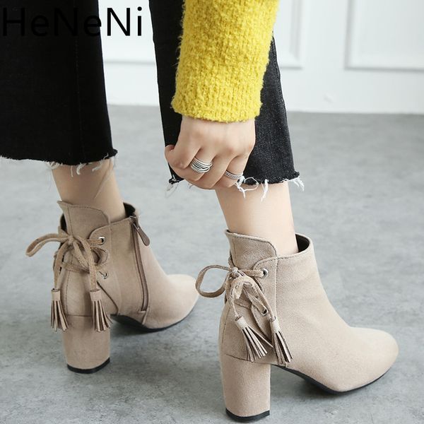 

new fashion women ankle boots autumn winter vintage fringe thick heel woman boot ladies footwear plus size 32-43, Black