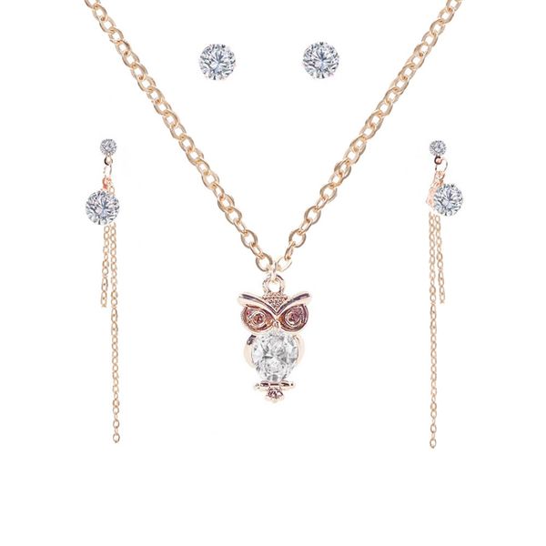 

shuangr new vintage cz owl pendant with golden chain stud earrings line for women necklace earrings set lucky jewelry sets gift, Silver