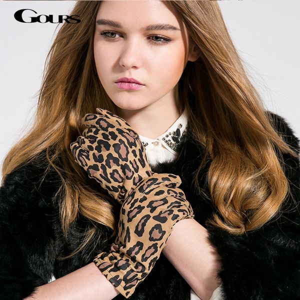 

gours 2018 fall and winter women genuine leather gloves fashion new brand goatskin mittens casual driving leopard print gsl004, Blue;gray
