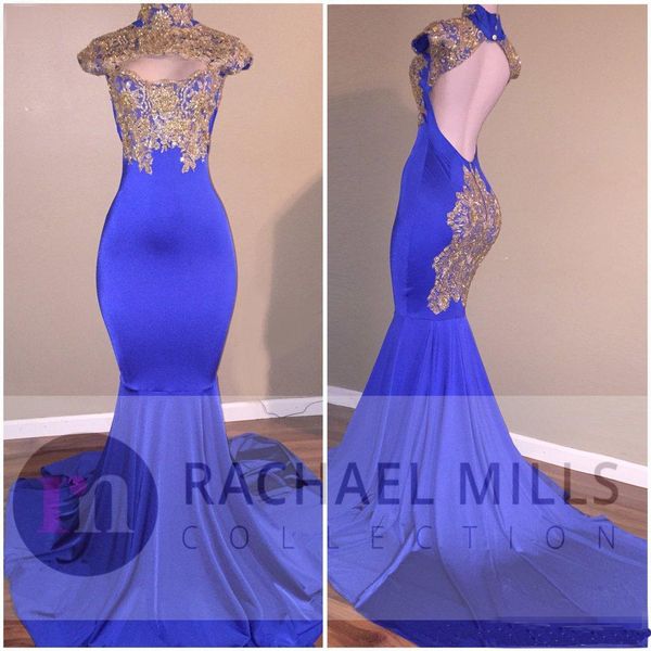 

Vestido De Novia Royal Blue Prom Dresses With Cap Sleeve Keyhole Sexy Open Back Gold Appliques Mermaid Formal Evening Gowns