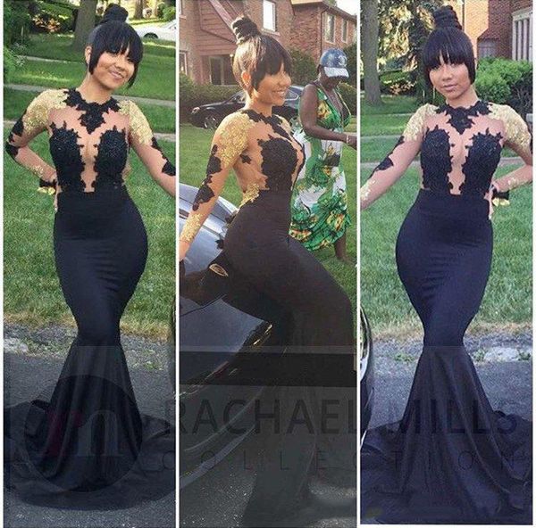 

black mermaid prom dresses high neck sheer long sleeves illusion bodices gold appliques beaded backless evening party gowns