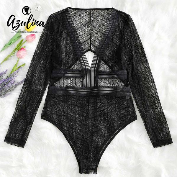 

20187 azulina cut out plunge sheer long sleeve bodysuit see-thru lace women rompers summer fall solid jumpsuits ladies overalls, Black;white
