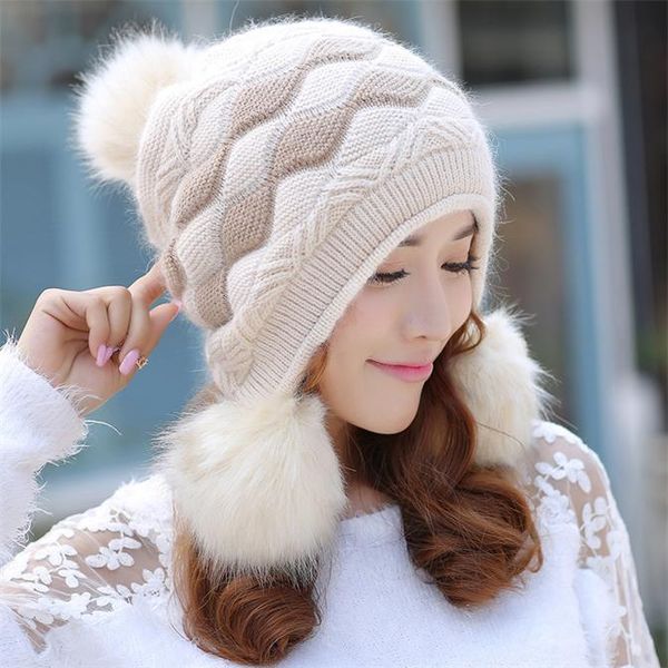 

2018 new rabbit hair hat women girls winter knitting wool cap hat to care for ear winter new double thick warm cap hat, Blue;gray