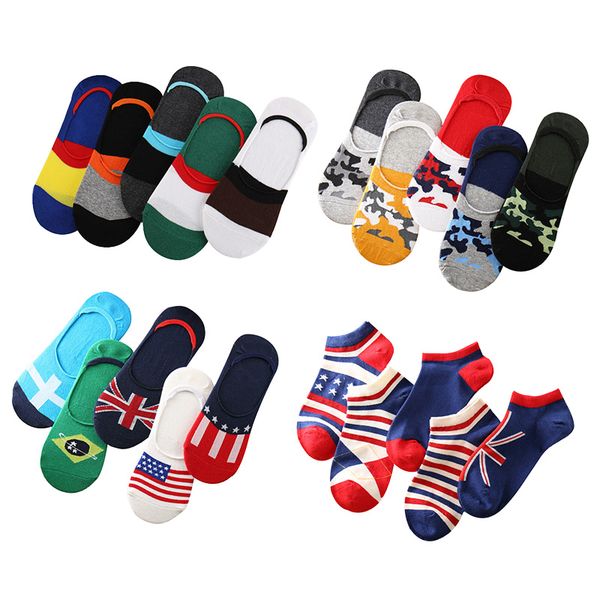 

5 pairs men socks summer spring invisible boat sock non-slip silica gel male fashion cotton striped colorful flag art sock meias, Black