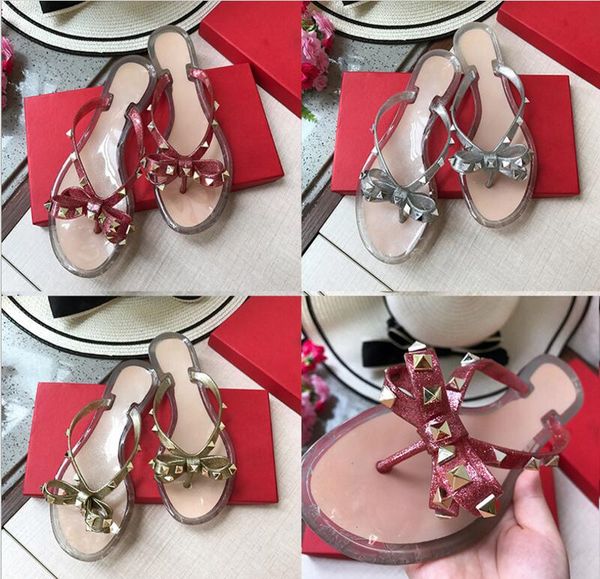 

New ummer jelly color luxury brand women flip flop lipper flat andal bow rivet fa hion pvc cry tal beach hoe original box 35 41